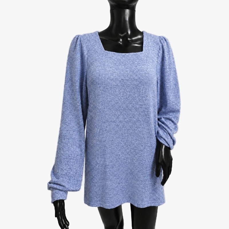Denim Blue Marl Knit Square Neck Top – Ruched Sleeves