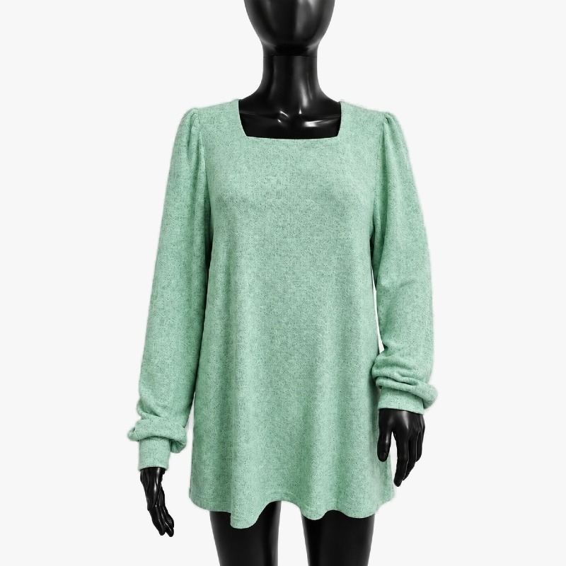 Green Marl Knit Square Neck Top – Ruched Sleeves