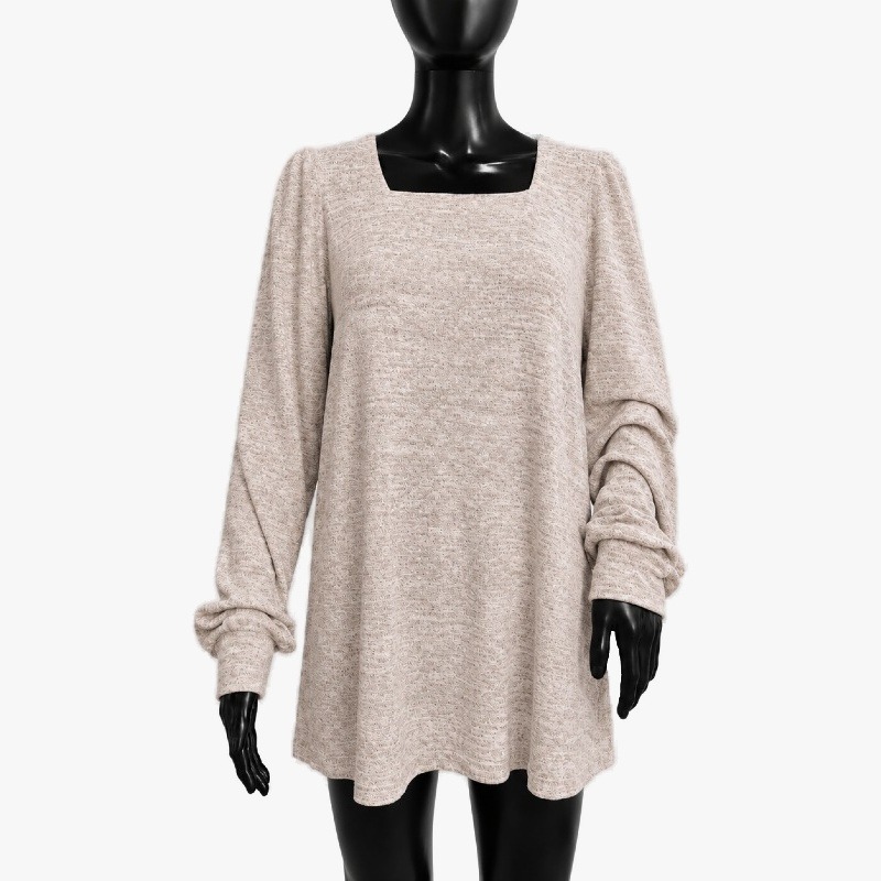 Oat Marl Knit Square Neck Top – Ruched Sleeves