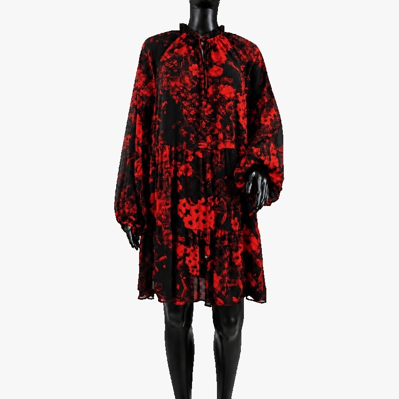 Floral Tiered Smock Dress – Red & Black Long Sleeve