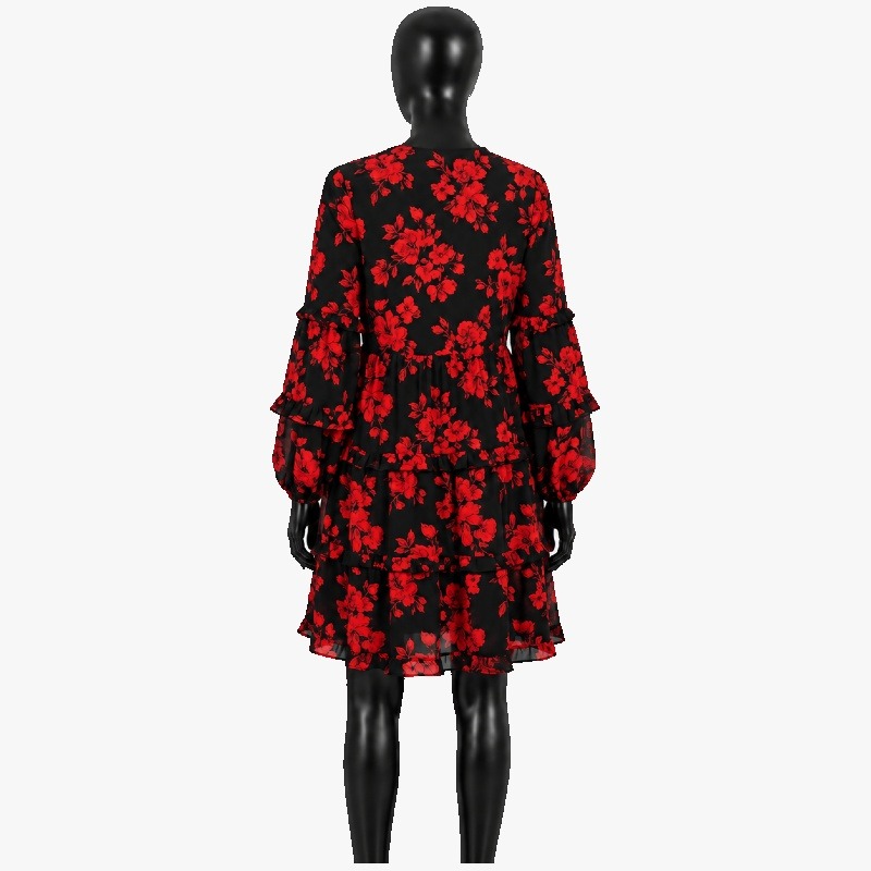Floral Tiered Smock Dress – Red & Black Long Sleeve photo 2