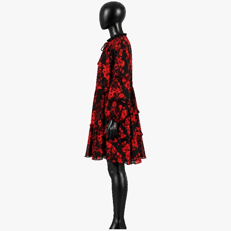 Floral Tiered Smock Dress – Red & Black Long Sleeve photo 3