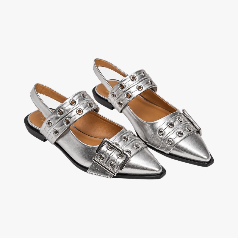Silver Metallic Pointed Toe Slingback Flats with Buckle Detail