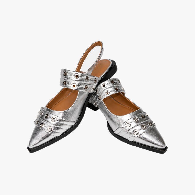 Silver Metallic Pointed Toe Slingback Flats with Buckle Detail photo 2