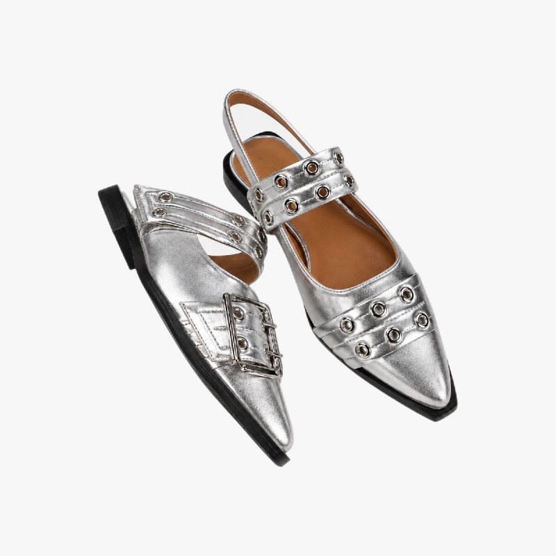 Silver Metallic Pointed Toe Slingback Flats with Buckle Detail photo 3