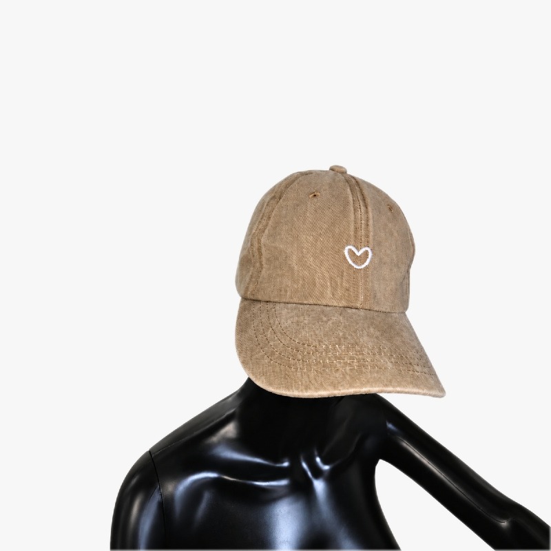 Washed Beige Cap with Heart Embroidery