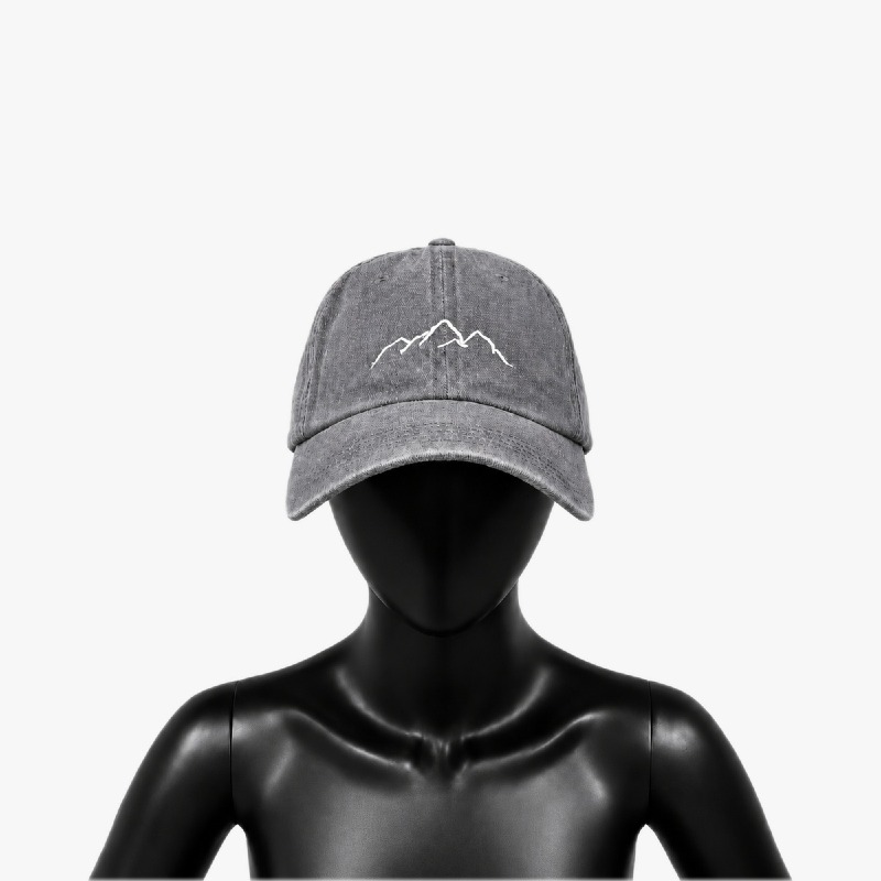 Grey Washed Ponytail Cap with Mountain Embroidery