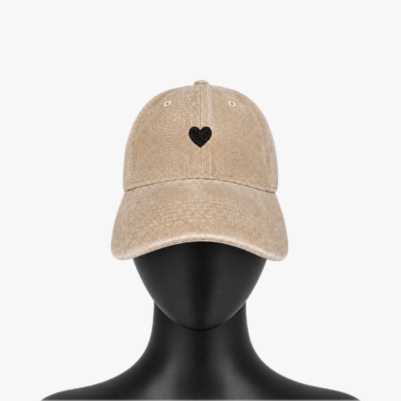Beige Washed Cap with Black Heart Embroidery