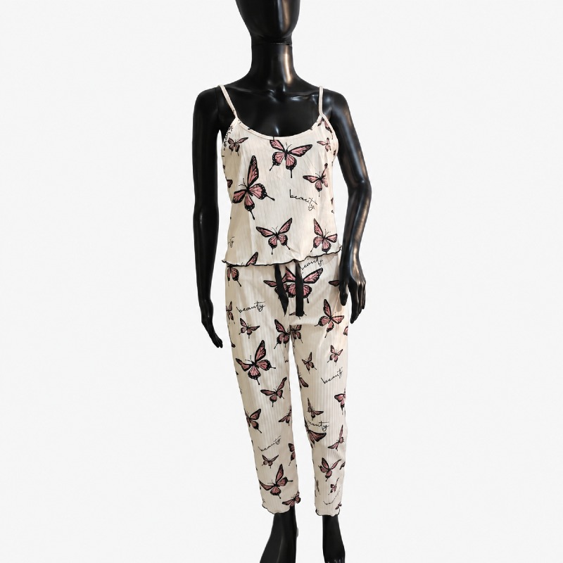 Ladies Butterfly Print Cami Pyjama Set – Cream & Pink