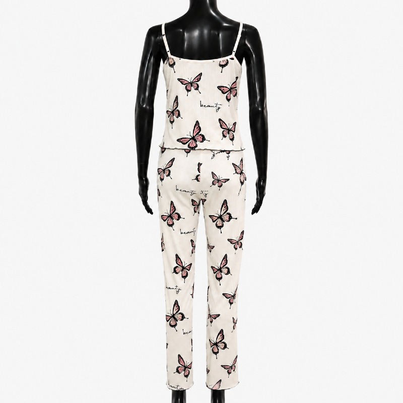 Ladies Butterfly Print Cami Pyjama Set – Cream & Pink photo 2