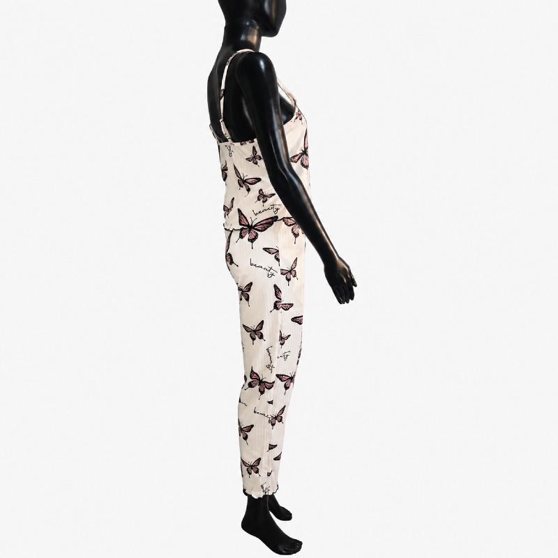 Ladies Butterfly Print Cami Pyjama Set – Cream & Pink photo 3