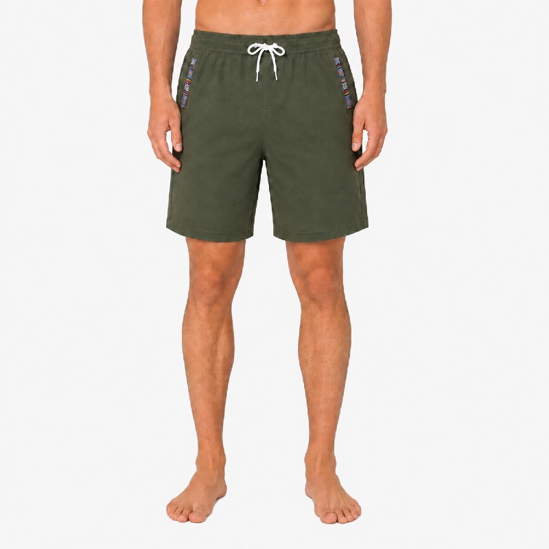 Men's Khaki Green Shorts – Aztec Trim Detail
