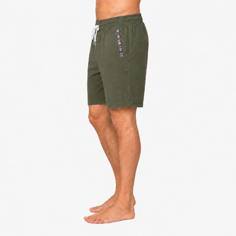 Men's Khaki Green Shorts – Aztec Trim Detail photo 3