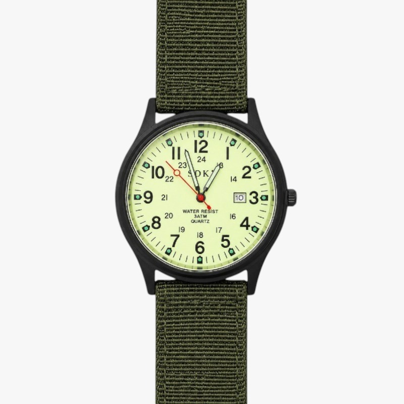 SOKI Military Style Quartz Watch – Olive Green Canvas Strap photo 2