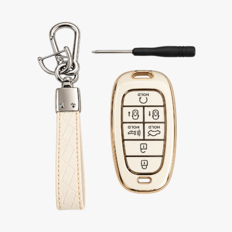 Hyundai Key Fob Cover Case with Keychain – White & Gold