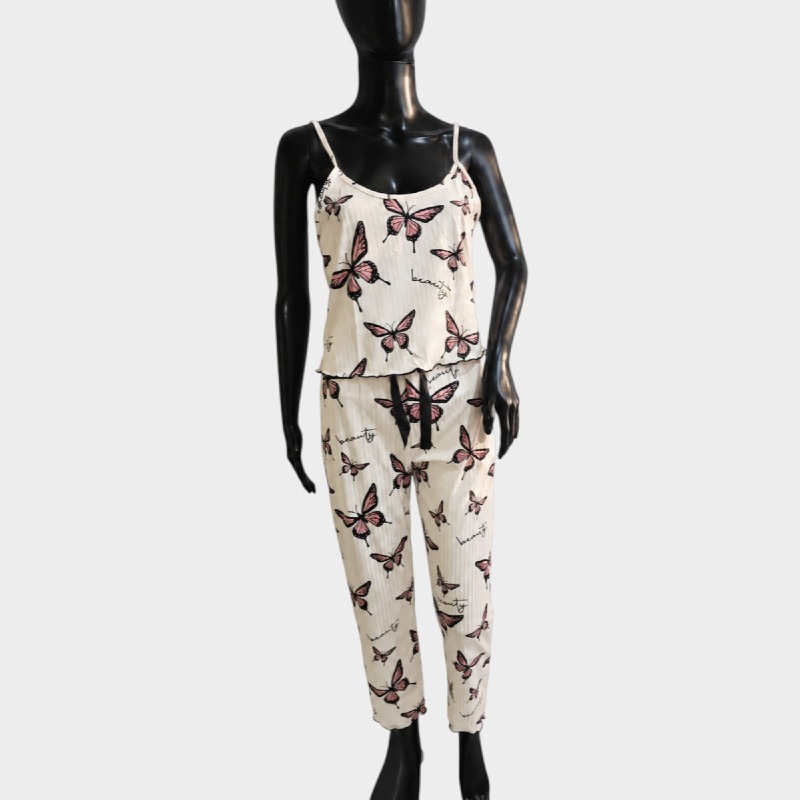 Ladies Butterfly Print Cami Pyjama Set – Cream & Pink