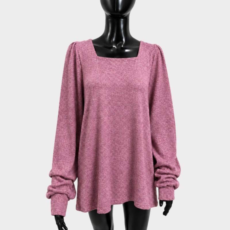 Dusky Pink Marl Knit Square Neck Top – Ruched Sleeves