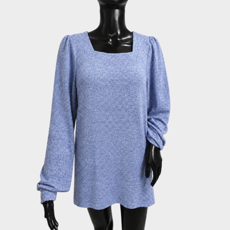 Denim Blue Marl Knit Square Neck Top – Ruched Sleeves