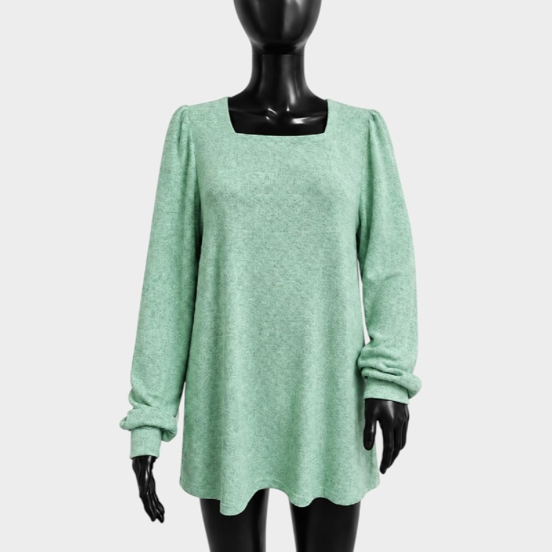 Green Marl Knit Square Neck Top – Ruched Sleeves