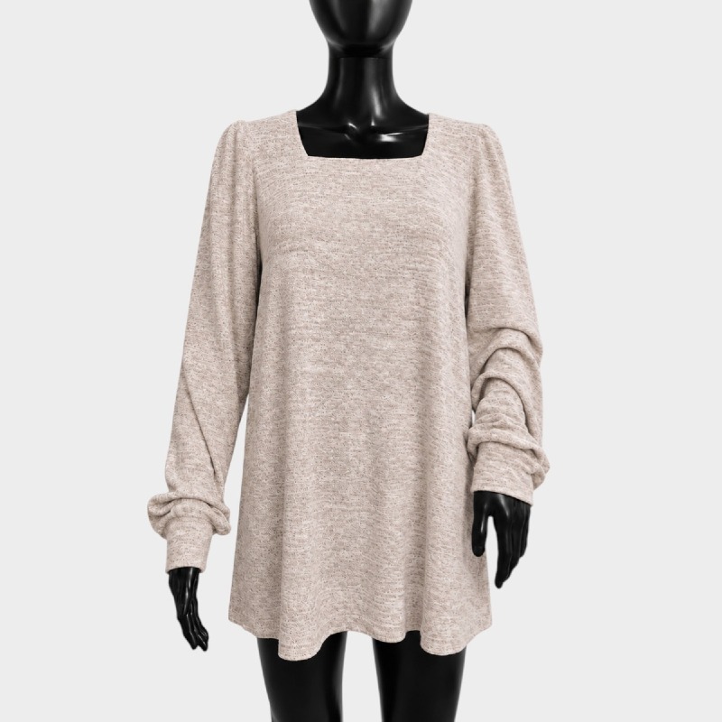 Oat Marl Knit Square Neck Top – Ruched Sleeves