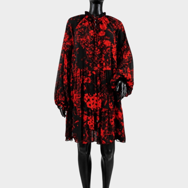Floral Tiered Smock Dress – Red & Black Long Sleeve
