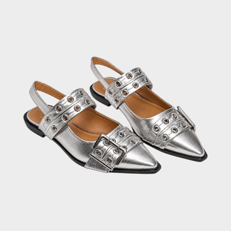 Silver Metallic Pointed Toe Slingback Flats with Buckle Detail