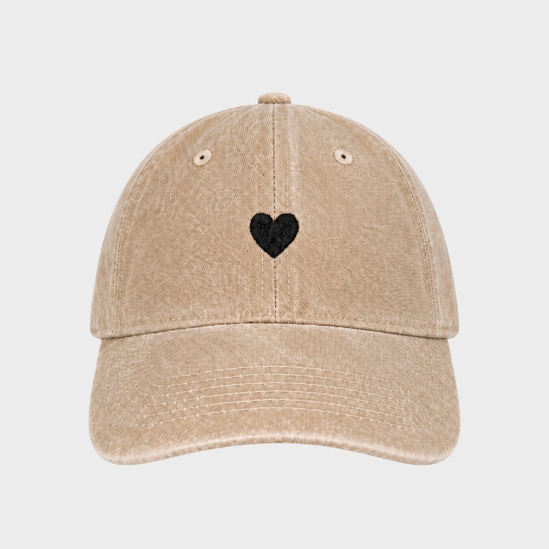 Beige Washed Cap with Black Heart Embroidery