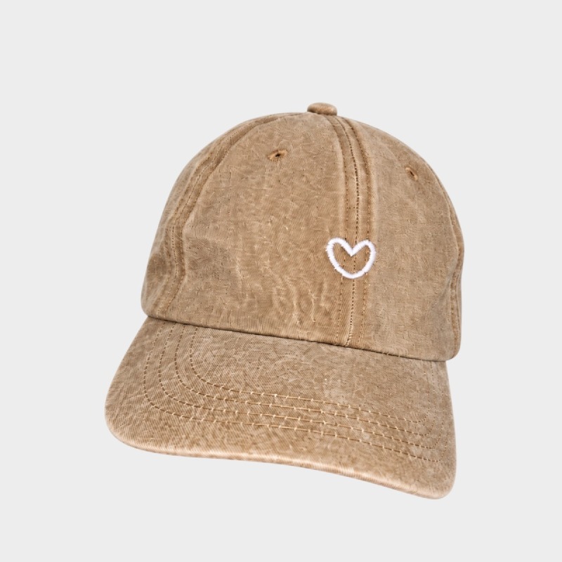 Washed Beige Cap with Heart Embroidery