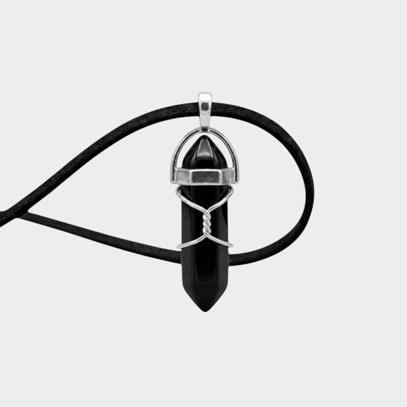 Black Crystal Point Pendant Necklace – Black Cord