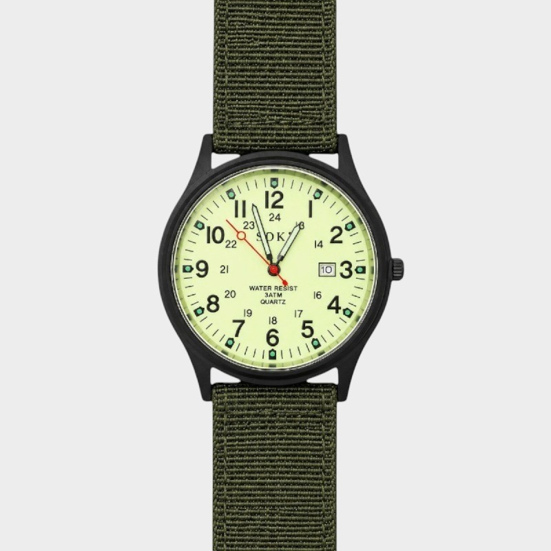 SOKI Military Style Quartz Watch – Olive Green Canvas Strap